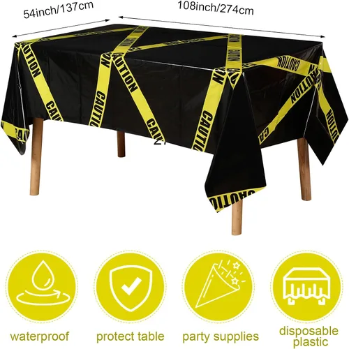 Vista 2 de Irenare 3 piezas de suministros de fiesta de cumpleaños de construcción de Halloween, cinta de precaución de plástico desechable, mantel de Negro