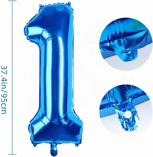 Vista 2 de Globos de 40 pulgadas, color azul, número 1, globos grandes de papel de aluminio de helio para decoraciones de fiesta de cumpleaños, bodas