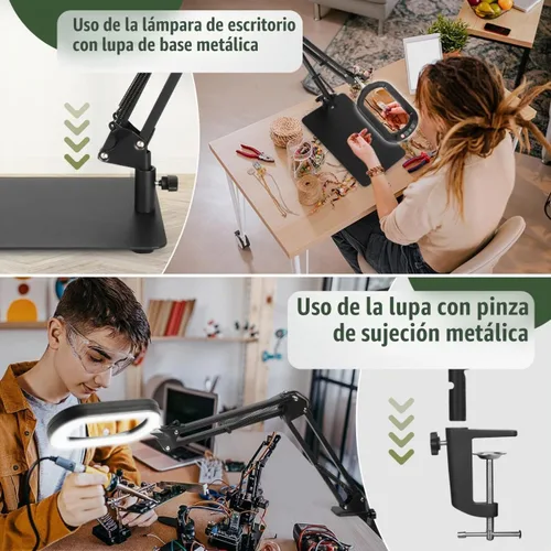 Vista 4 de Veemagni Lupa de Aumento 10X con Luz y Soporte, Vidrio Real Rectangular, 5 Modos de Color Regulables Lámpara de Escritorio LED 2 en 1 y Abrazadera