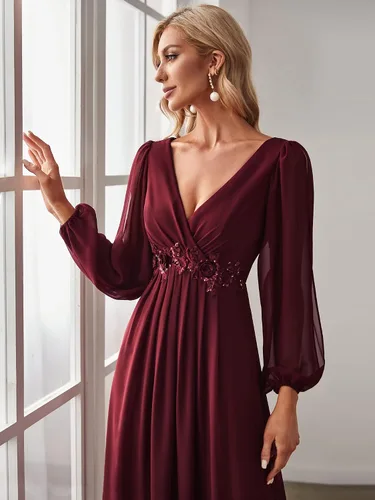 Vista 5 de Ever-Pretty Vestido formal de gasa fruncido de manga larga con cuello en V para mujer 00461