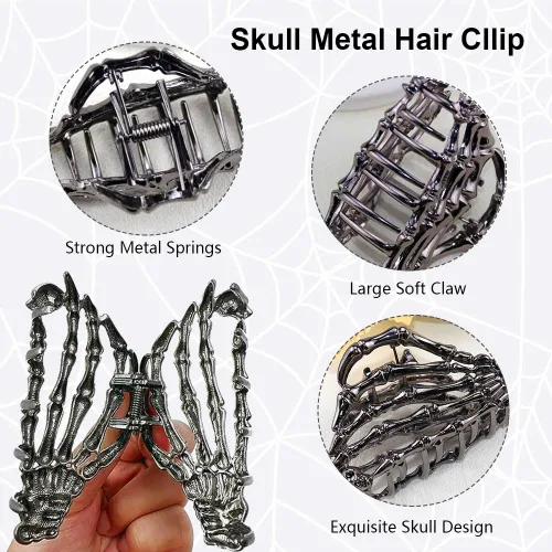 Vista 3 de AIUPUOC Pinza de pelo negro con diseño de calavera de esqueleto para peinar el cabello de mujer, pinzas de metal medianas, accesorios