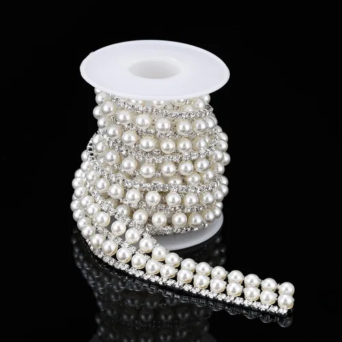 Vista 5 de Cadena de cierre de diamantes de imitación de cristal de 1 yarda con cuentas de perlas, cinta de encaje nupcial para decoración de fiesta de boda
