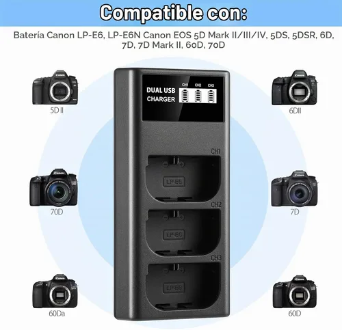 Vista 2 de ENEGON LP-E6 LP-E6N LP-E6NH Cargador USB LCD de triple ranura para Canon EOS 5D Mark II III y IV, 70D, 5Ds, 6D, 5DsR, 80D, 7D y 7D Mark II, EOS 60D