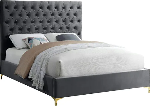 Vista 11 de Meridian Furniture Colección moderna Cruz Cama tapizada de terciopelo contemporánea con acolchonamiento de botones profundos y juegos completos