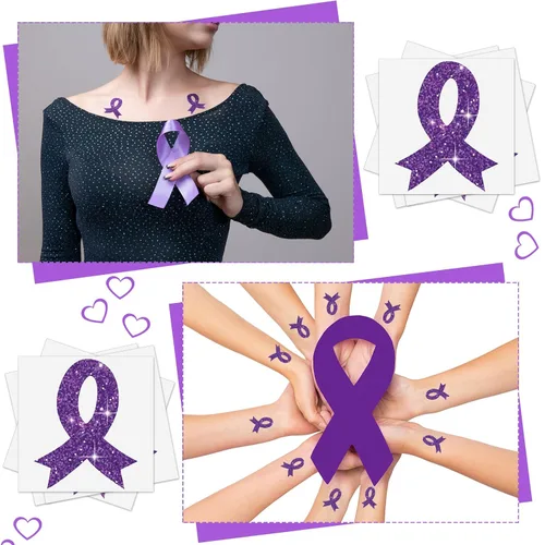 Vista 5 de 20 hojas de 240 piezas de cinta morada con brillantina, tatuajes de concienciación sobre violencia doméstica, tatuajes temporales, lupus