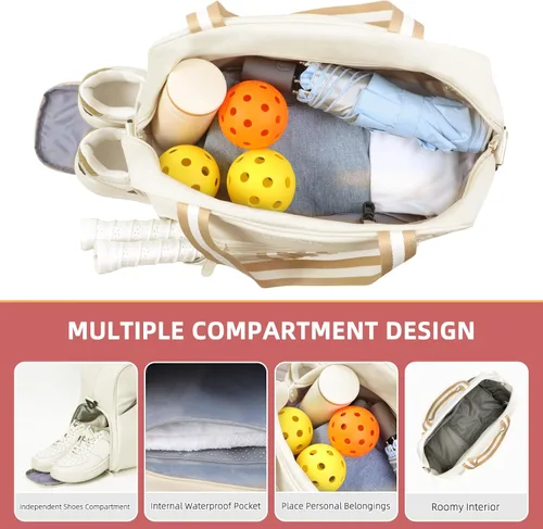 Vista 7 de Bolsa de Pickleball Mochila de Pickleball para Mujeres Bolsa de Equipamiento Deportivo con Compartimento para Zapatos Accesorio de Regalo 30L, Beige