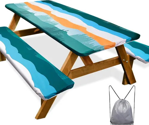Vista 37 de Funda de mesa de picnic con fundas para bancos Esenciales de camping Mantel de picnic impermeable y a prueba de viento con bolsa de cordón, funda