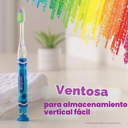 Vista 3 de GUM Crayola Cepillo de dientes con temporizador manual para niños, cerdas suaves con base de ventosa, para niños y bebés, 1 unidad (edades 3+)