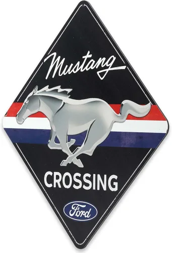 Vista 2 de Letrero de metal para Ford Mustang Crossing Decoración de pared automotriz en forma de diamante para garaje o cueva de hombre