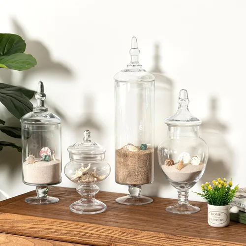 Vista 7 de MyGift Juego de 4 tarros de boticario de vidrio transparente con tapas, decoración de baño, bufé de dulces, centro de mesa de boda, tarro decorativo