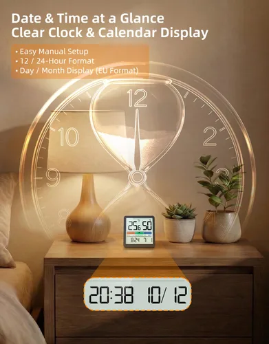 Vista 6 de NOKLEAD Termómetro higrómetro para interiores, mini monitor digital de temperatura y humedad de escritorio con indicador de comodidad y reloj