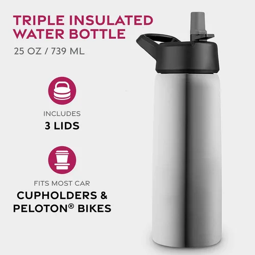 Vista 2 de FineDine Botellas de agua aisladas de triple pared con popote, botella de metal de acero inoxidable de 25 onzas con 3 tapas a prueba de fugas