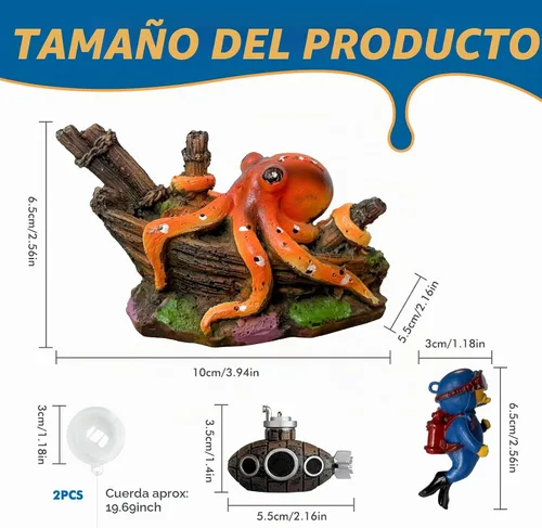 Vista 2 de Decoración de pecera pequeña de 3 piezas: decoraciones de pulpo y decoración flotante para acuarios pequeños