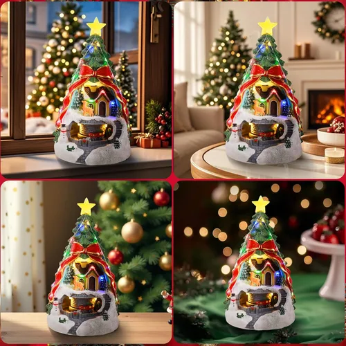 Vista 6 de Aldea musical de árbol de Navidad con luz, tren giratorio y ciervos