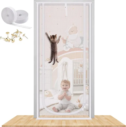 Vista 11 de Nueva puerta de malla reforzada para gatos, se adapta a puerta de 30 x 80 pulgadas, puerta resistente a mascotas con cremallera bilateral, evita que