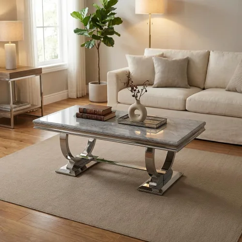 Vista 3 de Asday Mesa de centro plateada, mesa rectangular gris para sala de estar con base en U de metal espejo plateado, mesa de centro para sala de estar