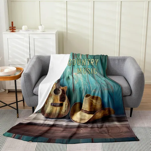 Vista 8 de Castle Fairy Manta de forro polar con botas de vaquero, manta de guitarra musical bohemia para niños y niños, manta de vaquera rústica occidental