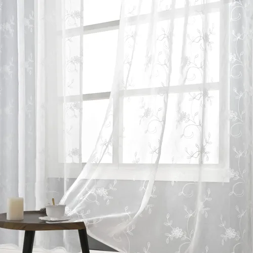 Vista 12 de YoungsTex Cortinas traslúcidas de lino con estampado de hojas de 63 pulgadas de largo para sala de estar, bolsillo para barra, cortinas de encaje