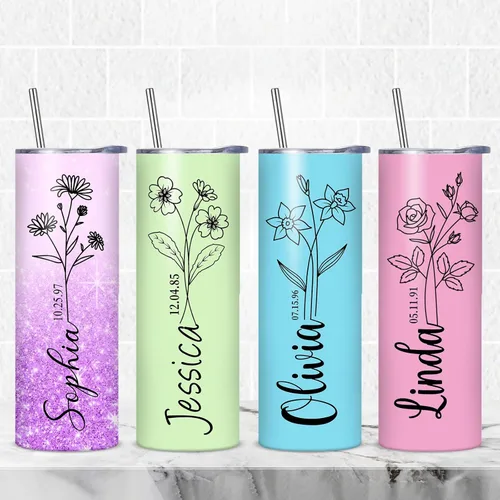Vista 15 de Regalos personalizados para mujeres, vaso delgado personalizado con nombre, flor de nacimiento, vaso aislado personalizado con tapa y pajita, regalo