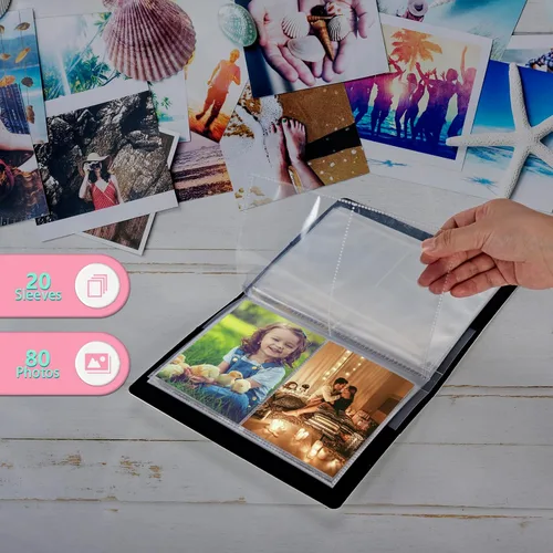 Vista 5 de Álbum de fotos de 3.5 x 5 pulgadas, capacidad para 80 fotos, cubierta de piel sintética, álbum de fotos con banda elástica fuerte, álbum de fotos