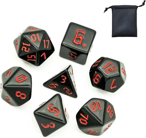 Vista 8 de Juego de dados de 7 dados poliédricos DND rojo mezclado con negro, dados D&D con bolsa de cuero para juegos de rol Mezcla roja negra
