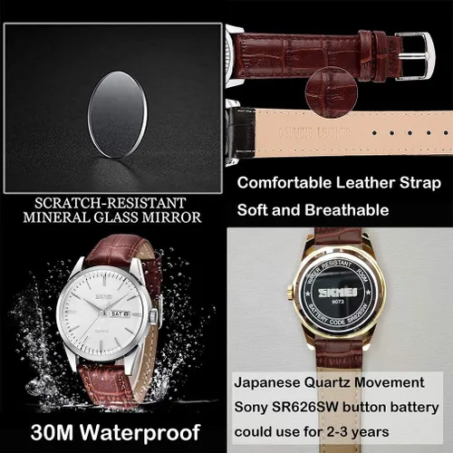 Vista 4 de SKMEI Reloj para hombres de negocios vestido clásico de moda casual negro cuero cuarzo analógico impermeable calendario fecha luz simple relojes