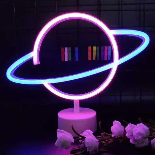 Vista 9 de ENUOLI Letreros de luz de neón de planeta rosa, luces de noche LED con pedestal, decoración de habitación, batería/operación USB, letreros de neón