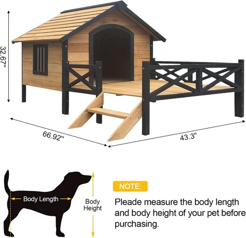 Vista 3 de Casa grande para perros al aire libre con porche: refugio elevado de madera para perros - Cabaña de madera resistente a la intemperie