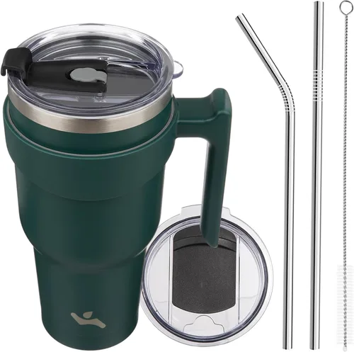 Vista 63 de Konokyo - Vaso de 10 onzas con asa y 2 popotes, 2 tapas, botella de agua aislada de acero inoxidable, taza de viaje reutilizable, color verde militar