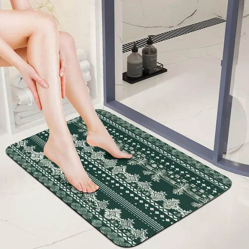 Vista 2 de Bath Mat Rug Rustic Green Fair Isle Holiday Print Thin Diatomaceous Earth Bath Mat Forest Green Knit Super Absorbent Ultra Thin Bathroom Rugs Fit