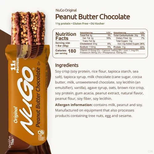 Vista 2 de NuGo Original, mantequilla de maní, barra de proteína de 0.39 oz, sin gluten, 15