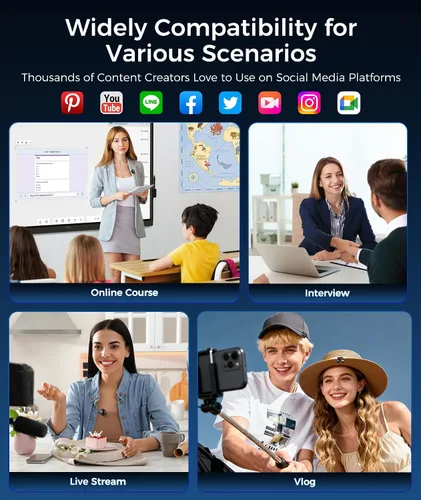 Vista 19 de Micrófono Lavalier inalámbrico para teléfonos iPhone y Android, micrófono de solapa con clip AI Noise Reduction & Hi-Fi Audio & 24H Working Time &