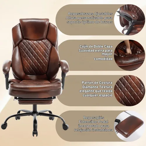 Vista 5 de Silla de escritorio reclinable de piel de 400 libras con reposapiés A marrón.