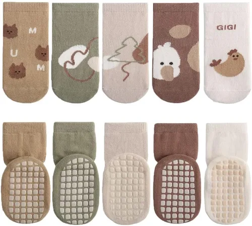 Vista 13 de 5 pares de calcetines antideslizantes de algodón para bebés y niños pequeños con diseño de animales