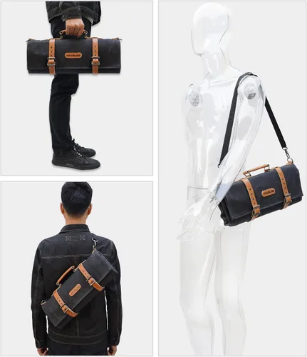 Vista 5 de WELKINLAND Bolsa enrollable de cuchillos con 14 bolsillos, Bolsa enrollable de cuero de lona encerada, Porta cuchillos, Bolsa enrollable