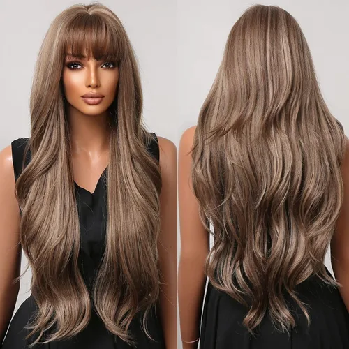 Vista 10 de Allbell - Pelucas largas negras para mujer, rizada, sintética, con flequillo, onda corporal, de aspecto natural, fibra resistente al calor, cabello