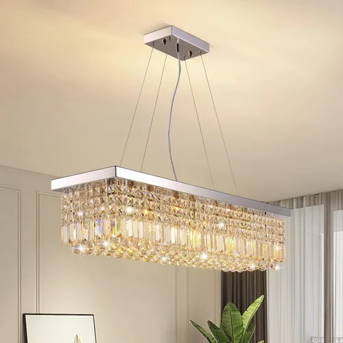 Vista 27 de 7PM Candelabro de cristal dorado moderno rectangular candelabros para comedor, lámpara colgante rectangular para isla de cocina y dormitorio, 31.5