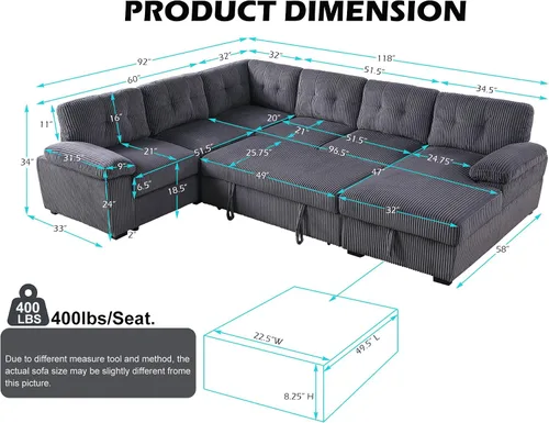 Vista 2 de BEEY Sofá cama modular de 118 pulgadas con cama extraíble, sofá cama convertible en forma de U de 7 plazas de gran tamaño para sala de estar, sofá