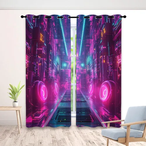Vista 9 de Cyberpunk - Cortinas para dormitorio, cortinas retro de los años 80, 54 pulgadas de largo para sala de estar, cortinas opacas de ciudad rosa y Rosa
