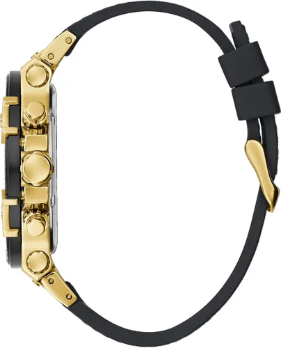 Vista 2 de GUESS Reloj para hombre de 1.811in, correa gris, esfera negra, tono dorado, Gris