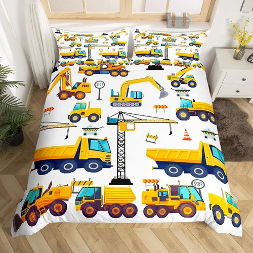 Vista 3 de Erosebridal Juego de ropa de cama para niños de construcción tamaño individual para niños, cubierta de edredón para camiones excavadoras, juego
