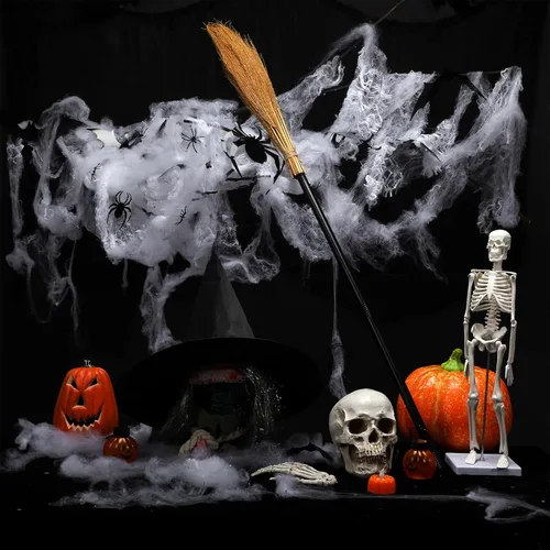 Vista 4 de Jetec Juego de sombrero de escoba de bruja de Halloween, sombrero negro con escoba de 39.4 pulgadas, bruja maga realista para fiesta de Halloween