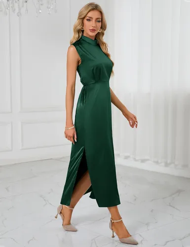Vista 2 de CYCLAMEN Vestido largo de satén formal de verano para mujer, con cuello alto falso, sin mangas, aberturas laterales, maxi elegante vestido de cóctel
