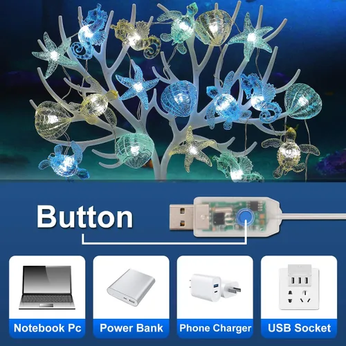 Vista 10 de Guirnalda de luces con temática oceánica, decoración náutica para interiores, funciona con USB o baterías, 10 pies, 30 luces LED de caballito