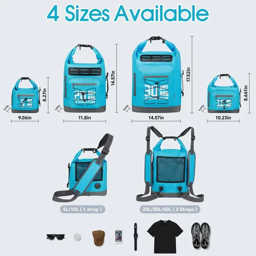 Vista 30 de MORXPLOR Bolsa seca impermeable, 5L/10L/20L/30L/40L/55L Mochila seca con funda impermeable para teléfono para natación, kayak