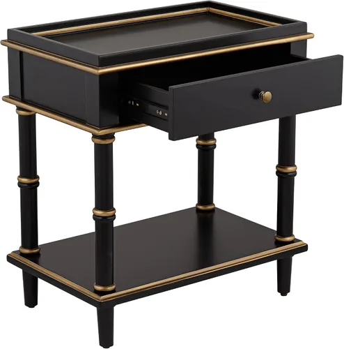Vista 8 de 55 Downing Street Cason Modern Glam Luxe - Mesa auxiliar rectangular de madera de 15 x 24 pulgadas con cajón y estante, mango de borde dorado negro