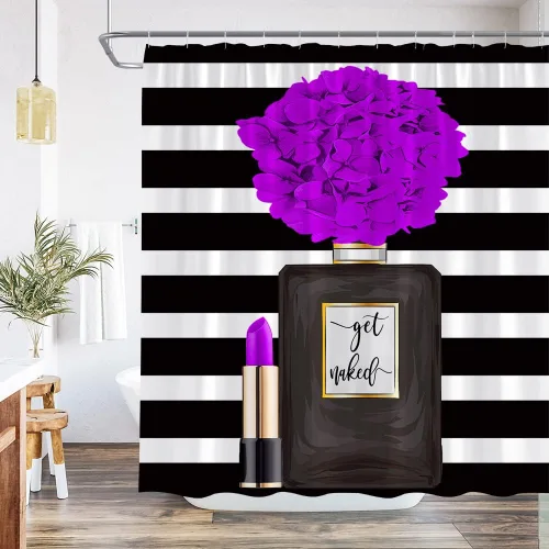 Vista 9 de Cortina de ducha negra con diseño de flores para niña, mujer, pintalabios, encantadora decoración de baño, juego de baño con gancho, 36 pulgadas