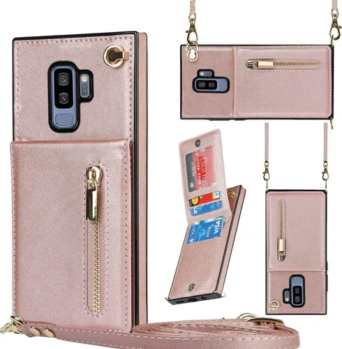 Vista 29 de Funda para teléfono Samsung Galaxy S9 con correa cruzada, tarjetero de cuero, con cordón, ranuras de crédito, cierre magnético, accesorios para Negro