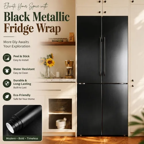 Vista 2 de Abyssaly Papel tapiz autoadhesivo negro para refrigerador Negro pulido