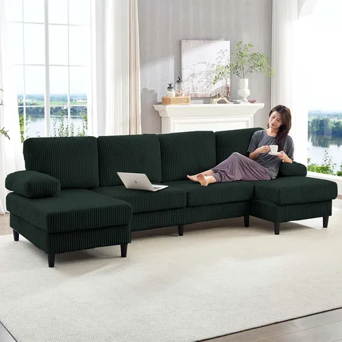 Vista 10 de Mjkone Sofá modular extragrande en forma de U de 110 pulgadas de ancho, juego de sofá de pana de 4 plazas con diván doble, sofá cama tapizado